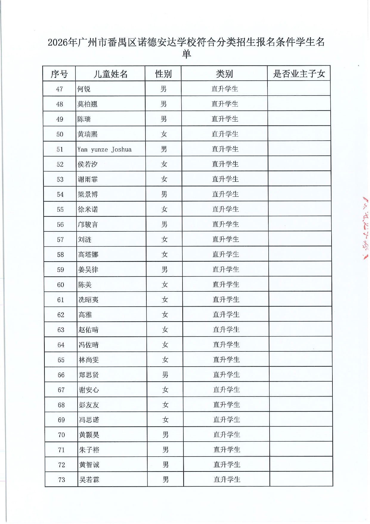 2026年小升初直升学生名单 - Notice